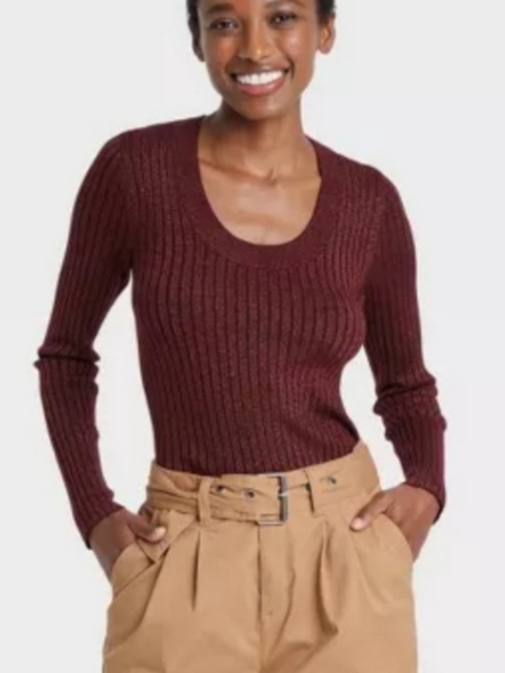 A New Day Metallic Ribbed Sparkle Sweater Top Long Sleeve Scoop Neck
